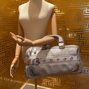 Gucci Large-size Boston Romy Metallic Silver Calfskin Handbag